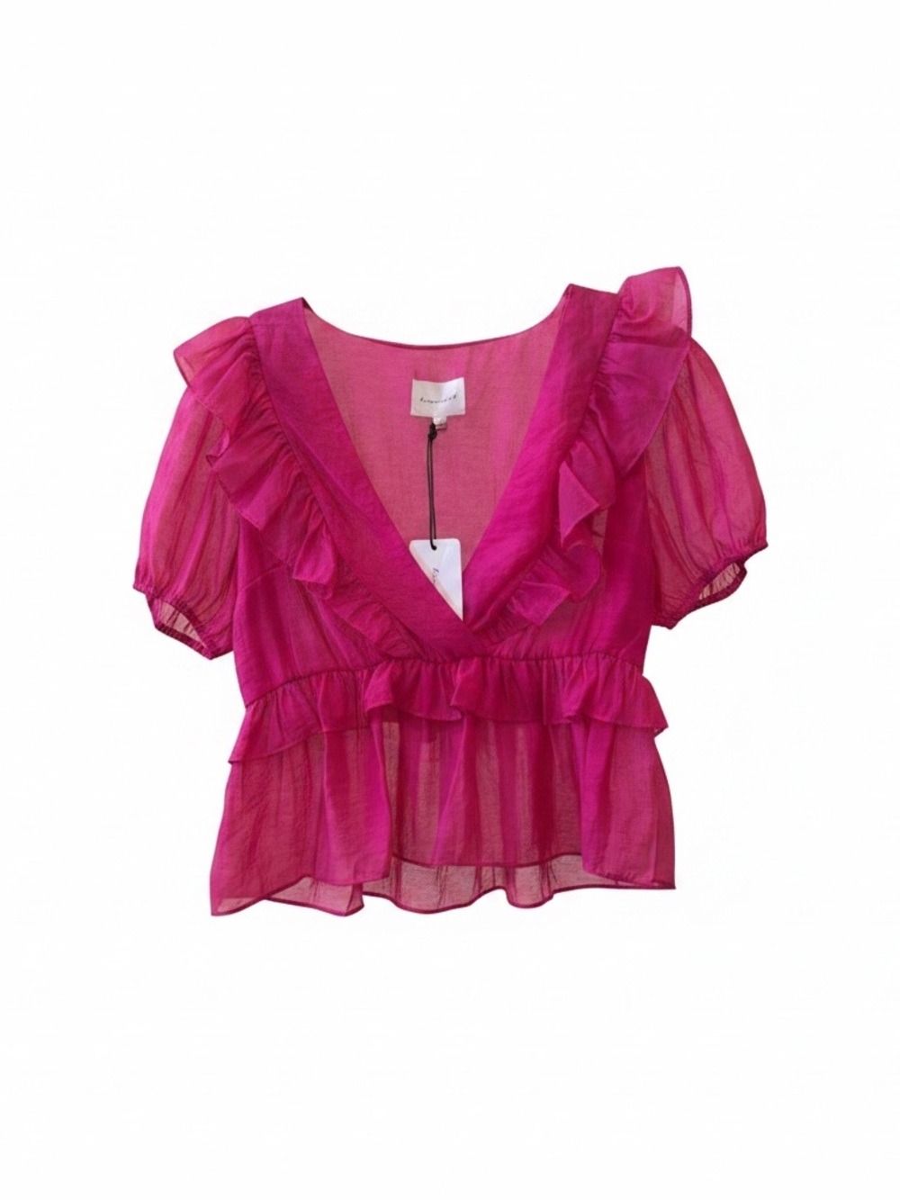 Line & Dot Ruffle Blouse Size Large Pink Fuchsia V-neck Ruffles Peplum Neck New